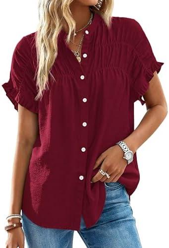 MASCOMODA Womens 2026 Button Down Shirts Ruffle Short Sleeve Loose Summer Tops Dressy Casual V Neck Business Work Blouses, Medium,  Wine Red