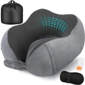 Cirorld Neck Pillow for Traveling, Travel Pillows for Airplanes,100% Pure Memory Foam Travel Neck Pillow, Adjustable Flight Pillow, Portable Plane Accessories with Eye Mask, Earplugs, Carry Bag, Standard