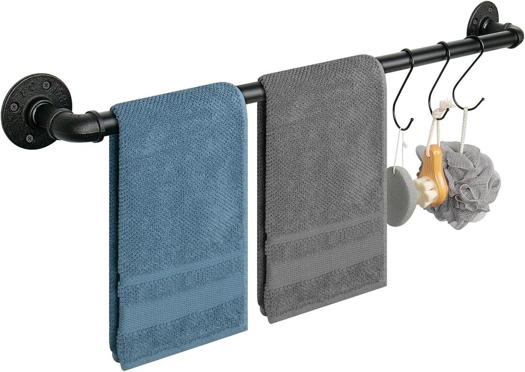 Industrial Pipe Towel Rack Towel Bar, Heavy Duty Wall Mounted Rustic Farmhouse Bath Towel Holder for Bathroom (Black, 28 inch)