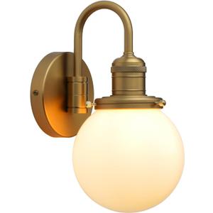 Yosoan Brass Boho Wall Sconce with Milk Round Glass, 1-Light Indoor Hardwired Vanity Modern Luxury Vintage with Globe Shade Retro Curved Rod Fixture for Bathroom Bedside Kitchen(Antique)