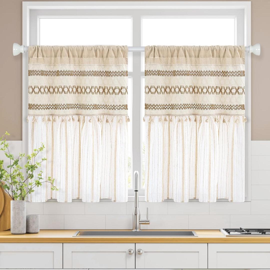 FRAMICS Farmhouse Kitchen Curtains 36 Inch Length Striped Short Curtain for Windows Boho Crochet Small Window Curtains for Kitchen Rod Pocket Light Filtering Tier Curtain for Bathroom, Cafe (Linen)