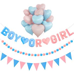 Gender Reveal Banner Set with Pre-Strung 3D Boy or Girl Felt Banner, Pom Pom Garland, Triangle Fabric Bunting, 12 PCS Pink Blue Heart Shaped Balloons, Baby Shower Decorations for Girls Boys Twins