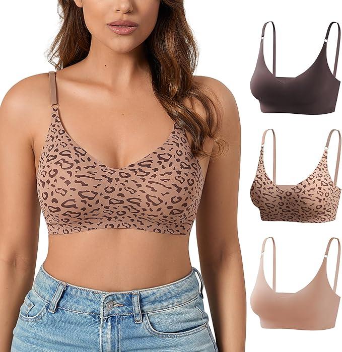 DEANGELMON V Neck Bra Padded Seamless Adjustable Straps Bralettes Everyday Basic Sleeping Bras 2pcs L