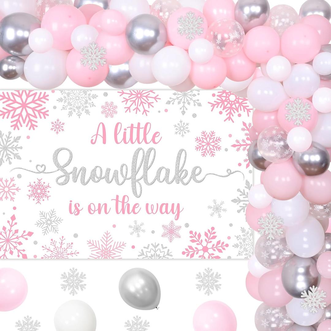 kreat4joy A Little Snowflake Is on the Way Baby Shower Decoration, Winter Baby Shower Decorations Girl Pink White Silver Backdrop Balloon Arch Snowflake Stickers for Wonderland Frozen Gender Reveal