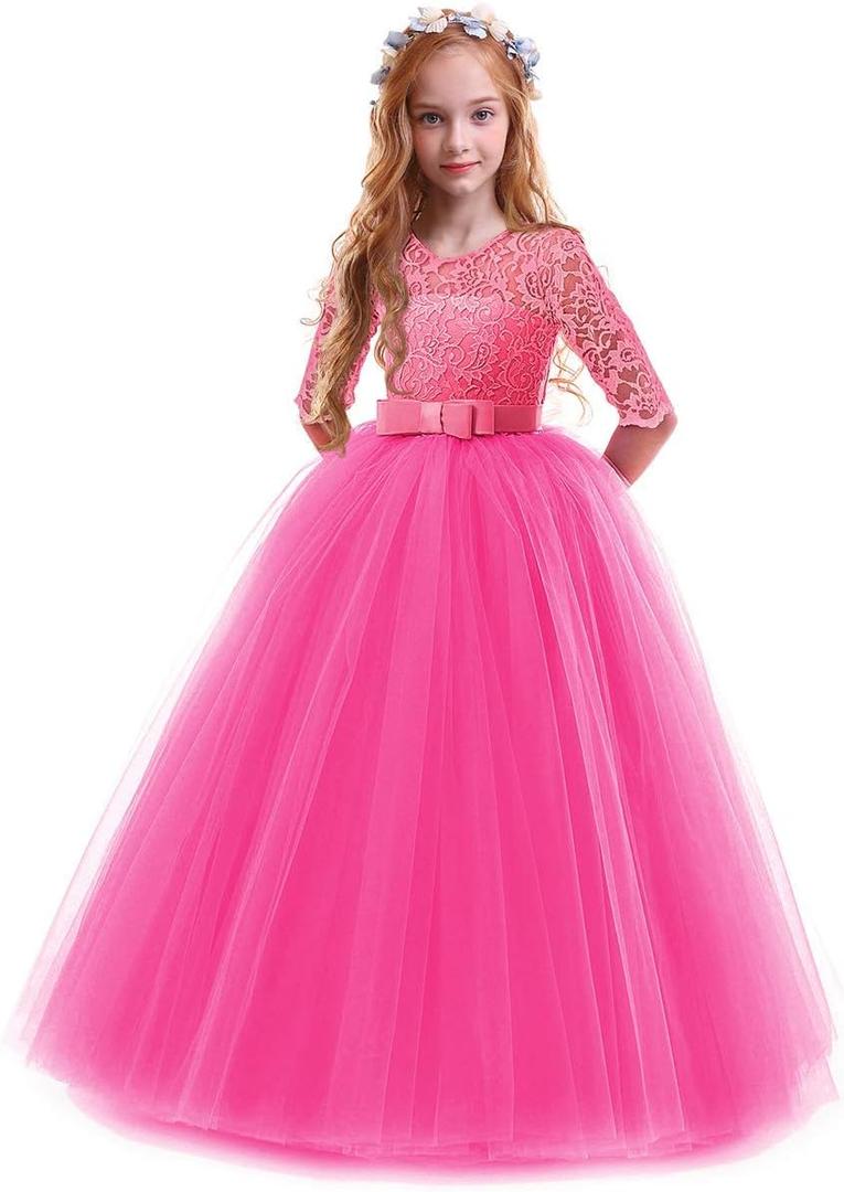 Girls Flower Vintage Floral Lace 3/4 Sleeves Floor Length Dress Wedding Party Evening Formal Pegeant Dance Gown (11-12 Years, Hot Pink)