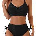 Fanuerg Women's High Waisted Bikini Sets Drawstring Tummy Control Two Piece Swimsuits Crisscross Tie Back Bathing Suit - M