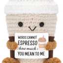 Funny Positive Coffee, Emotional Crochet Doll, Cute Crochet Potato Partner Toy with Positive Card Cheer Up Funny Gag Gifts for Best Friend Birthday Women Teacher FallCoffee