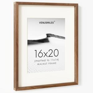16" x 20" Picture Frame, USA-Sourced Natural Walnut Wood Photo Collage Frame with HD Tempered Glass, Modern Simple 16"x20" Wooden Frame Matted to 11"x14", Vertical & Horizontal Wall Hanging Display