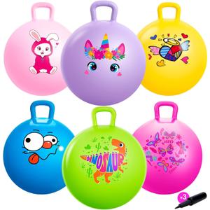 ZOOJOY 6pcs Hopper Balls for Kids 3-8, 18In Bouncy Ball with Handle, Sit on Hopping Toys for Sport/School/Team Active Play, Hippity Hop Ball for Indoor Outdoor Games with Pump (Multi-pattern 6 Pack)