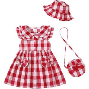 SODLON Toddler Baby Girl Dress Summer Clothes Infant Ruffle Peter Pan Collar Plaid Dresses Casual Bowknot Sundress for Girls (Red)