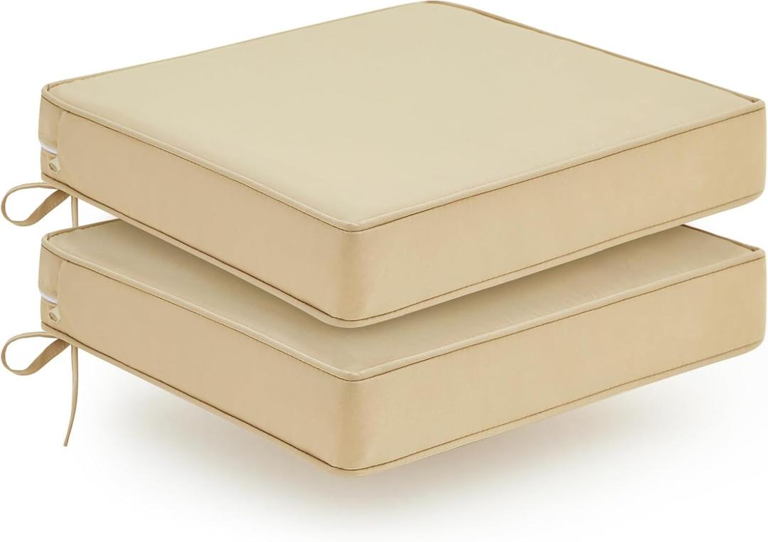 Outdoor Chair Cushions Set of 2, Waterproof Patio Chair Cushions, Patio Furniture Cushions with Ties, Outdoor Wicker Replacement Seat Cushion, 19 x 19 x 3 inch, Beige