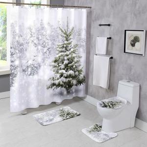 4 Pcs Winter Christmas Shower Curtain Sets with Rugs Snowy Natural Forest Snowfall Bathroom Set Xmas Tree Home Bath Bathtub Decor Durable Curtains Mats for Bathroom Decor 72 x 72 Inch (01)
