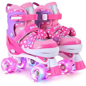 SULIFEEL Roller Skates for Girls Ages 3-12, 4 Sizes Adjustable Kids Quad Skates with Light up Wheels-Birthday Gift for Indoor Outdoor Sports (Large - Youth, Rose)