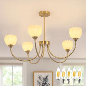 Shenmoyl 30.31" Brass Gold 5-Light Chandelier, 5-Arm White Tulip Glass Pendant Light Fixture, Height Adjustable Vintage Branch Chandelier for Dining Room Living Room Kitchen Island Farmhouse