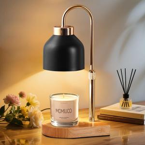 Candle Warmer Lamp with Timer and Dimmer, Height Adjustable Wax Melt Warmer for Jar Candles, Modern Retro Black Glass Shade with Wood Base, Aesthetic Home Decor, Birthday Gifts for Women Mom