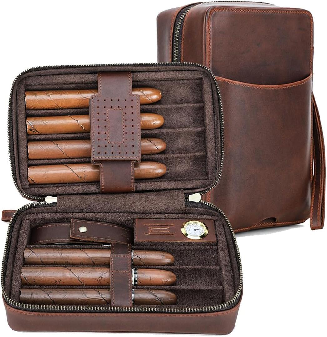 Full Grain Leather Cigar Case Travel Cigar Humidor for 7 Cigars Accessories Organizer Large Capacity Built-In Hygrometer Humidifier