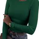 Roselux Womens Long Sleeve Stretch Crewneck Ribbed T-Shirt Fitted Casual Basic Tops (Large, Dark Green)