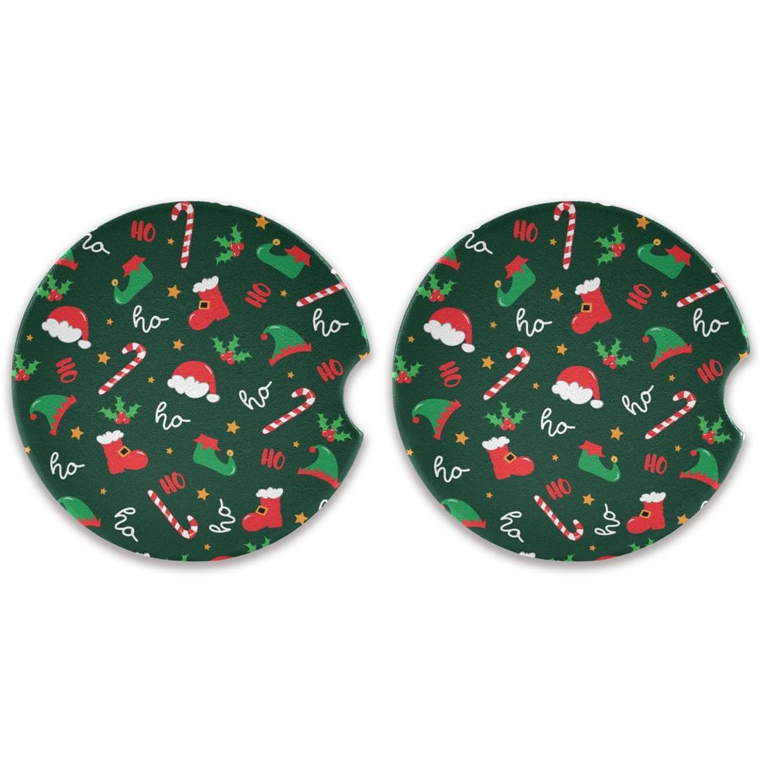 Christmas Pattern Car Coasters 2 Pack Absorbent Car Cup Holder Coaster 2.5" Ceramic Drinks Coaster with Finger Notch & Cork Base