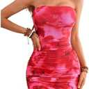 BEAUDRM Women's Tie Dye Strapless Backless Bandeau Pencil Dress Knit Mesh Bodycon Tube Dresses Ruched Mini Dress Small