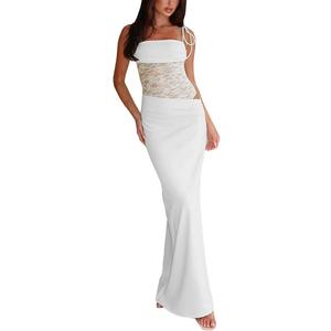 Women Sexy Lace Patchwork Maxi Dress Spaghetti Straps Y2K Sheer Long Bodycon Club Cocktail Long Dresses (Small, White)