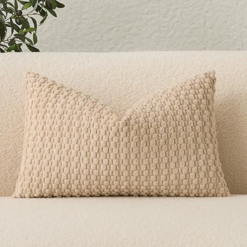 UGASA Lumbar Throw Pillow Covers Pack of 1 Super Soft Boho Corduroy Decorative Pillow Covers Cases Solid Color Plush Texture Accent Throw Pillows for Sofa Couch Living Room Chair 12x24 Inch, Beige
