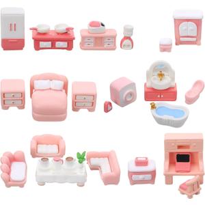 1:48 32 Pcs Dollhouse Furniture Set, Pink Resin Miniature Dollhouses Accessories DIY Craft Decor Included Dining Room Sitting Living Bedroom Bathroom Toys for Toddlers Children Girls