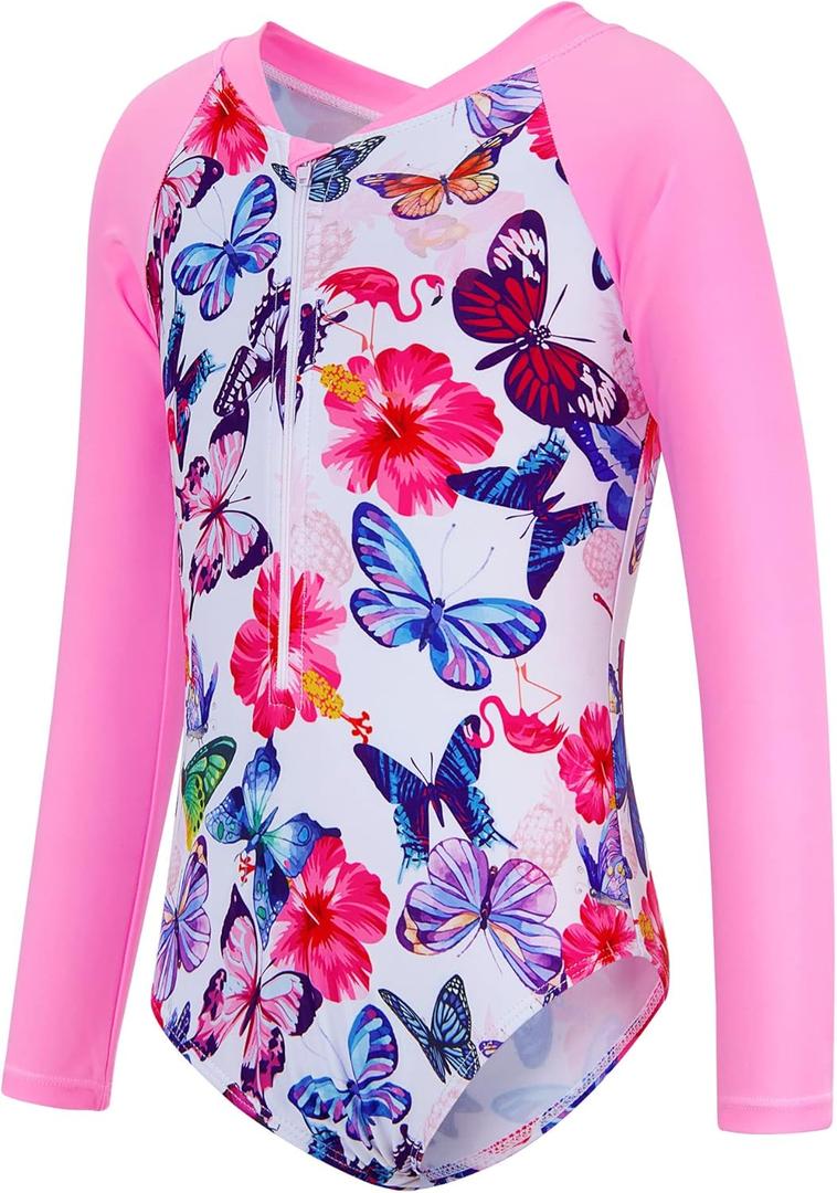 uideazone 2-9 Years Girls Long Sleeve Swimsuit One Piece Bathing Suit Zipper UPF 50+ Rashguard Swimwear (4-5T, A3-butterfly-1)