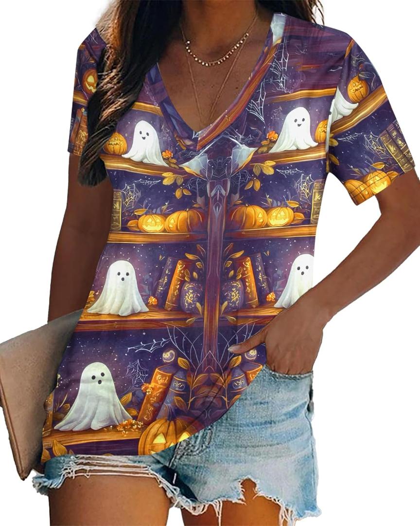 Women Halloween Shirt Funny Pumpkin Face Graphic Tees Autumn Casual V-Neck Fall Short Sleeve Loose Tops (L)