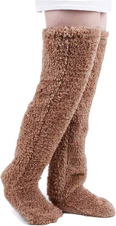 LAPLUIE Over Knee High Fuzzy Socks Plush Slipper Stockings Furry Long Leg Warmers Winter Air-Conditioned Home Sleeping Socks (Brown)