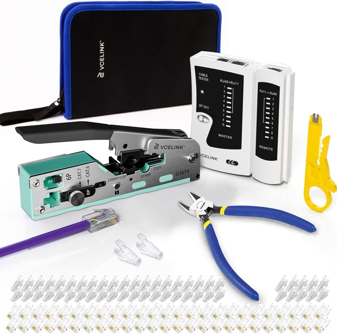 VCELINK RJ45 Crimp Tool Kit 105-in-1 for CAT7/CAT6A/CAT6/CAT5E/CAT5 Connectors, Includes Crimper Blades Replaceable, Cable Tester, Wire Cutter for Beginners Professionals DIY Network Setups