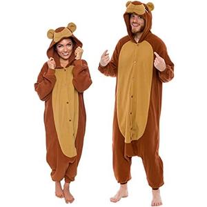 Funziez! Adult Onesie Halloween Costume Animal Dinosaur Shark Unisex Plush One Piece Cosplay Suit for Adults, Men and Women (Brown, Medium)