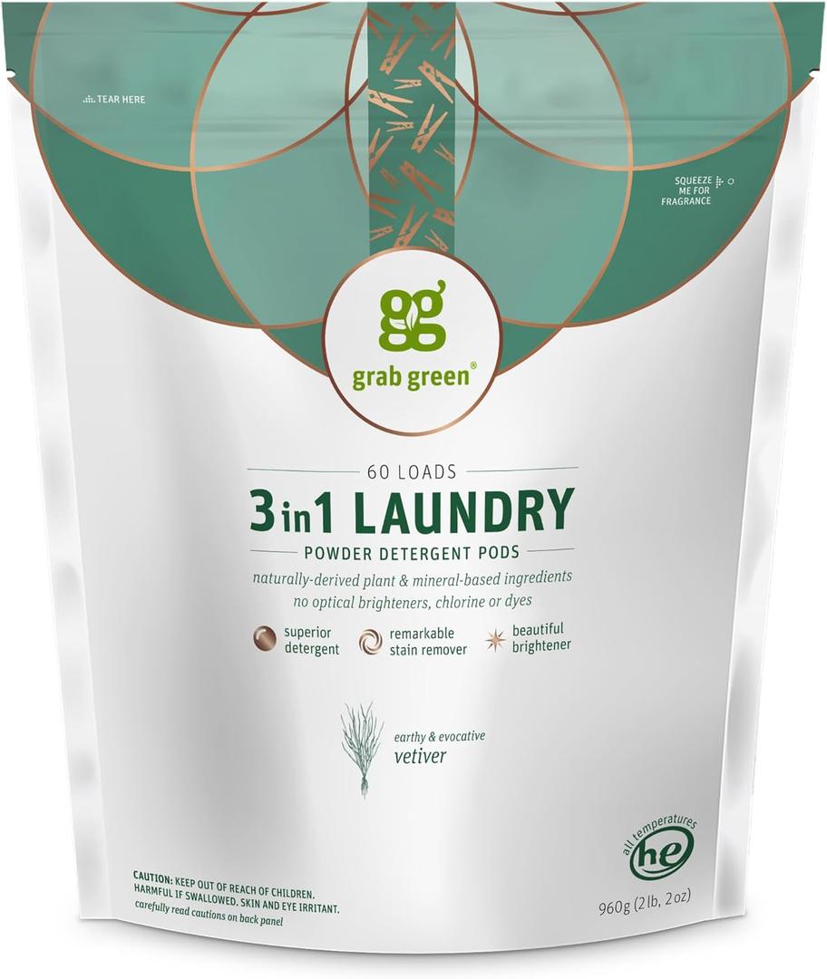 Grab Green 3-in-1 Laundry Detergent Pods, Vetiver Scent, Plant and Mineral Based, Superior Cleaning Power, Stain Remover, Brightens Clothes, 60 Count