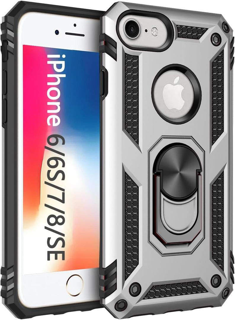 Korecase Compatible with iPhone 8 Case/iPhone 6 Case/iPhone 7 Case, Extreme Protection Military Armor Dual Layer Shockproof Protective Cover with 360 Swivel Ring Kickstand Silver