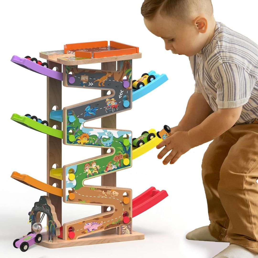 Wooden Race Track Car Ramp Racer Toy for Tollders, Dinosaur Car Ramp Toy Vehicle Playsets with 6 Mini Cars - Fine Motor Skills Toddler Toys for 2 3 Year Old Boy and Girl Birthday Gifts (Pro)
