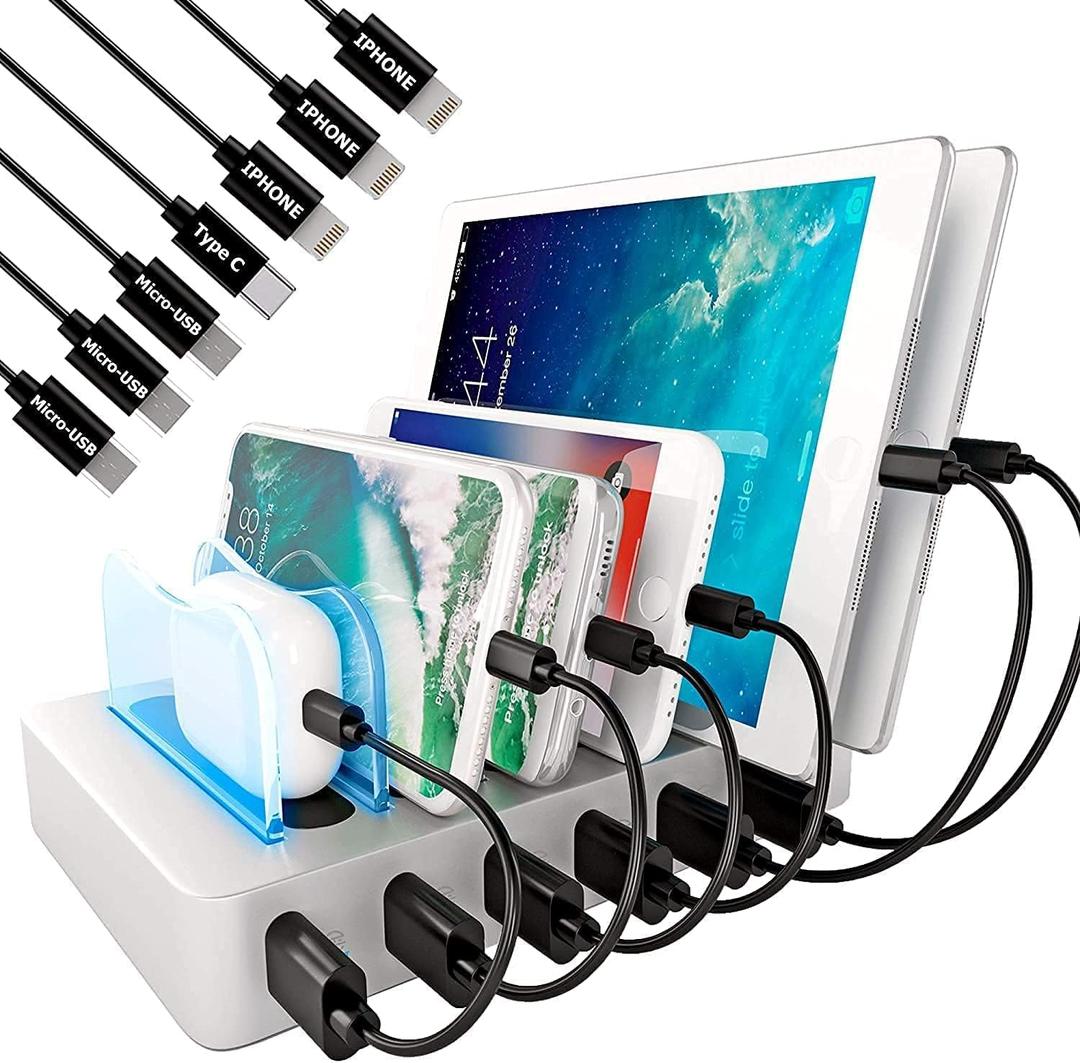 USB Charging Station Dock - Fast Charge Docking Station for Multiple Devices - Multi Device Charger Organizer - Compatible with Apple and Android (Silver 6-Port)
