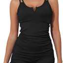Aleumdr Women's Two Piece Tankini Swimsuit Tummy Control Bathing Suit V Neck Swim Tank Top with Boyshorts (Large, Flora Black)