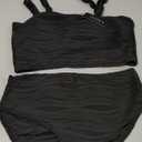 High Waisted Bandeau Bikini Set - Women Strapless Two Piece Swimsuits Ribbed Longline Full Coverage Bathing Suits Swimwear, Size -L