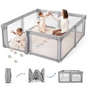 Sweeby Baby Playpen, 59x59 Inch Gate Foldable for Babies and Toddlers, Extra Large With Door Play Yard for Fence Indoor and Outdoor, Gray (Grey(with Door))