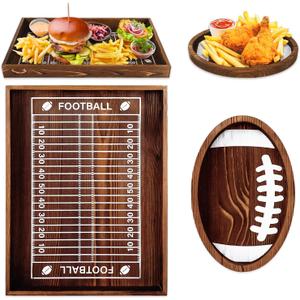 JarThenaAMCS 2Pcs Football Serving Tray 16 Inch Wooden Football Plates Reusable Wood Serving Trays and Platters for Football Season Game Day Party Decor (Brown)