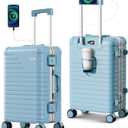 28 Inch Large Checked Luggage with Cup Holder, Aluminum Frame PC Hard Shell Suitcase, 360° Spinner Wheels, TSA Lock for Short Trips and Business Travel