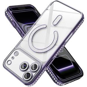 Doulings Magnetic Glitter Diamond for iPhone 12 Pro Case[Compatible with MagSafe] Sparkle Rhinestone Camera Lens Protector Plated,Crtstal Clear Slim Military Drop Shockproof Cover for Women,Purple