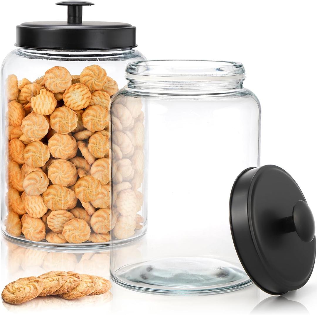 2 Pack Large Glass Jars with Metal Lid, 1 Gallon Clear Cookie Candy Jar, 125 OZ Airtight Food Storage Container, Empty Canister Set for Kitchen Counter, Pasta, Dog Treats, Snacks, 3.7 L