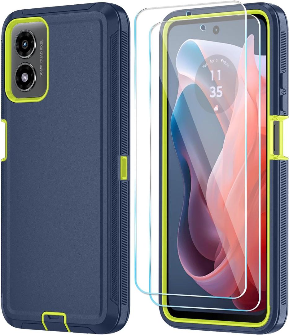 Qinmay Phone Case for Motorola Moto G Play 2024 4G Case with HD Screen Protector, Heavy Duty Shockproof & Dropproof 3-Layer Cover Phone Case for Moto G Play 2024 (NavyBlueGreen)
