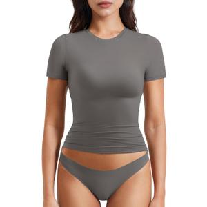 YEOREO Women Fitted Workout Tops Short Sleeve Double Lined Basic Y2K Going Out Crew Neck Compression Crop Top (Small, Coal)