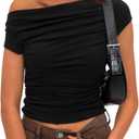 Darong Women's Summer Cap Sleeve Boat Neck Off Shoulder Top Going Out Slim Fit Tops Y2K Tight Shirts (X-Large, Black)