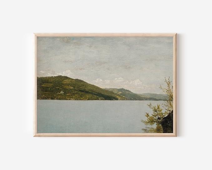 Serene Vintage Lake Painting, Neutral Wall Art for Rustic Decor, Above Bed Art