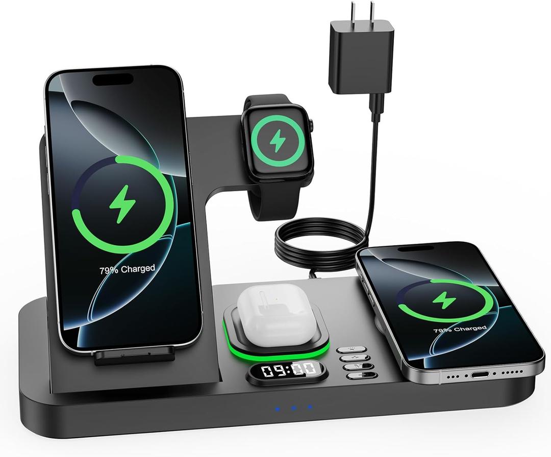 Dual Phone Wireless Charging Station for Apple Devices, Magnetic Charging Station for iPhone with Auto Switch 7-Color Light & Clock, Family Watch Charger for iPhone17 for iWatch11 for AirPods Pro3(Black