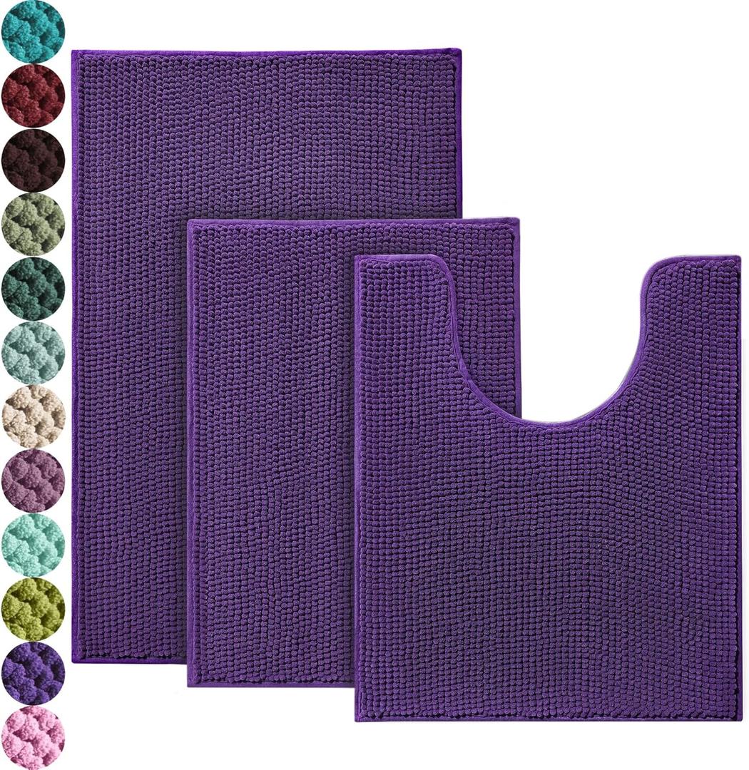 Urvoix Bathroom Rugs Sets 3 Piece, Non-Slip Chenille Bath Rug - Ultra Soft, Washable, Super Absorbent Bath Mat for Bathroom, Toilet and Tub (Purple)