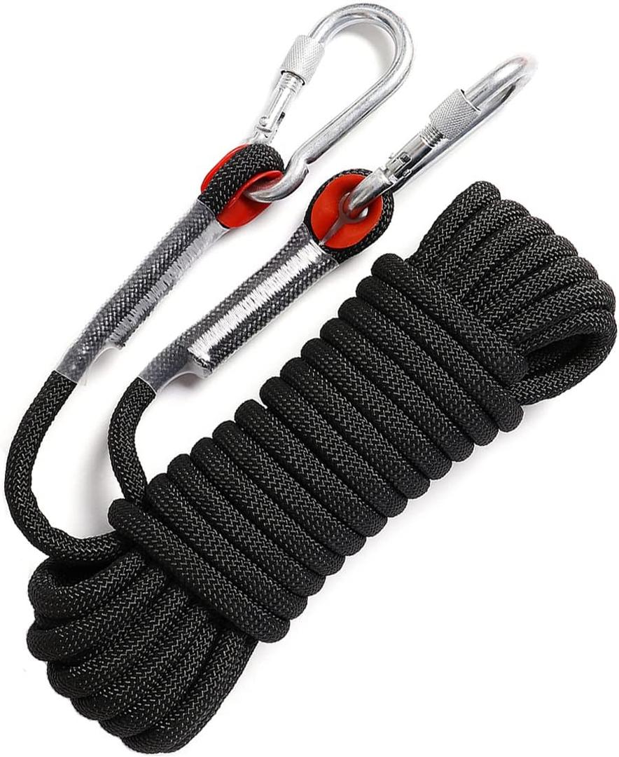 GINEE 10mm Rock Climbing Ropes 35FT Static Outdoor Safety Rope with Carabiner Arborist Tree Climb Rescue Grappling Lifeline Escape Descender Abseiling Rope Magnet Fishing Rope Black