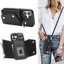 Crossbody Case for Apple 17 with Card Holder, Wallet Case Removable Lanyard Wrist Strap Shockproof with Kickstand Women Cover for iPhone 17.Crossbody Black